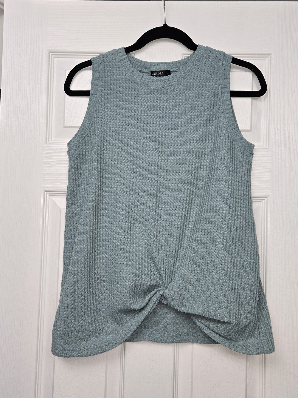 Miholl Waffle Knit Front Twist Sleeveless Tank Top Womens Large Sage Blue Green